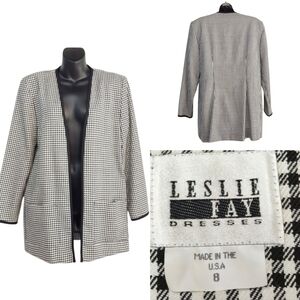 Leslie Fay Blazer Jacket Women’s Size 8 Black White Houndstooth Check Open Front